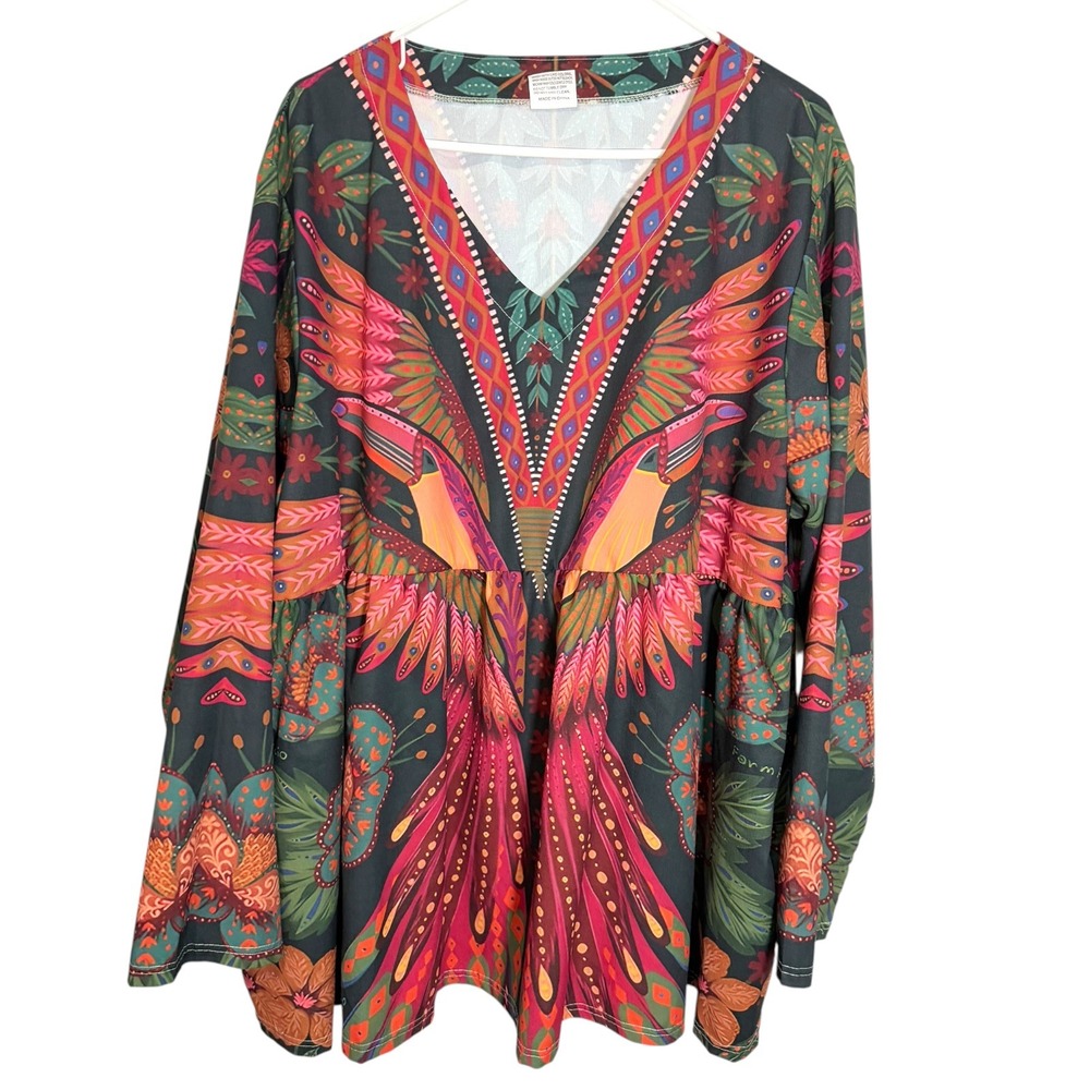 4XL Black Multicolor Tunic Top Parrot Floral V-Neck Babydoll Tropicalcore Boho